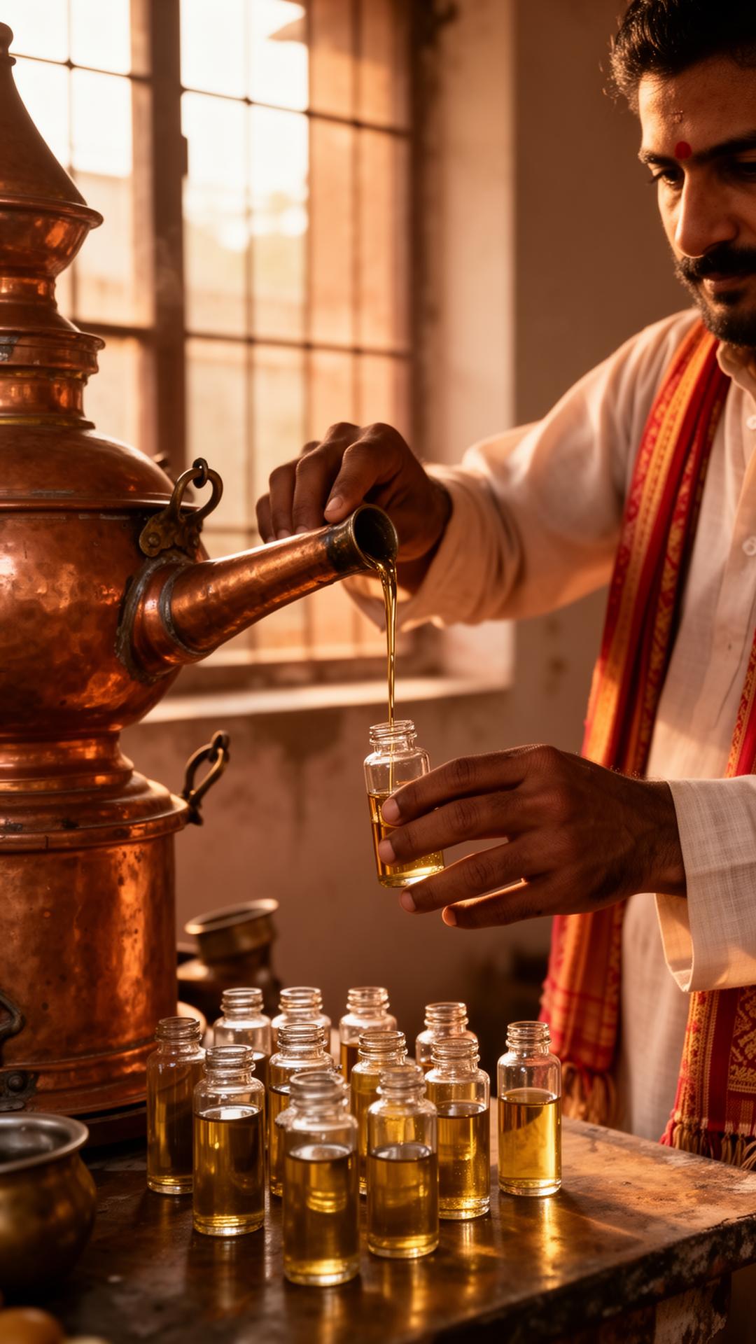 Kannauj attar artisan pouring perfume oil from a copper still into a glass bottle